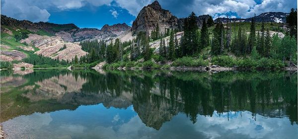 Panoramic landscape of Sundial Peak-Lake Blanche and reflection-Wasatch Mountains